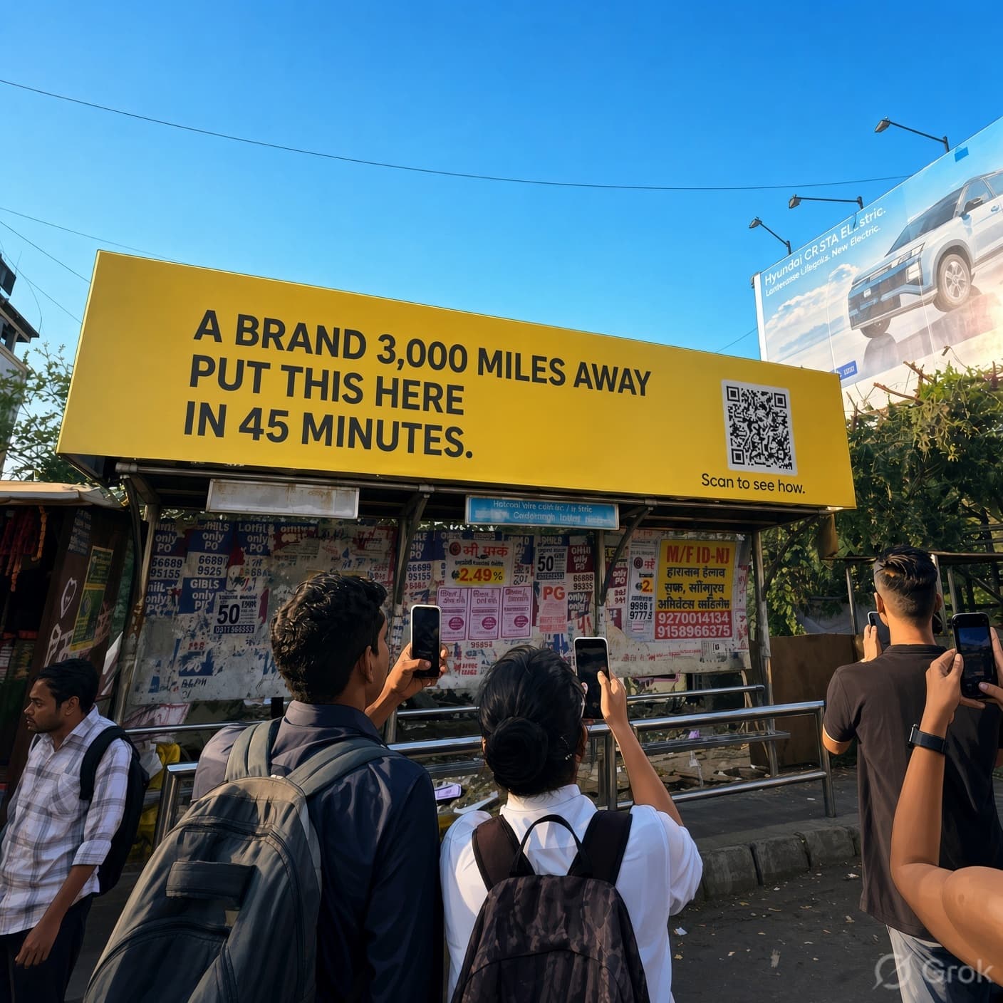 A crowd on the street scanning the QR code on a StickerBomb poster